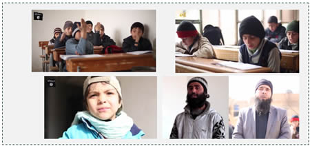 Pupils and teachers at the Imam al-Bukhari school in the Tel Abiad region of the Al-Raqqah province, Syria (Shabakataljahad.net. February 12, 2015)