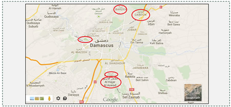 ISIS’s main centers of activity: The Al-Qaboun, Barzeh and Tishreen neighborhoods north of Damascus; the Al-Yarmouk refugee camp and the Al-Hajar al-Aswad neighborhood south of Damascus (Google Earth)