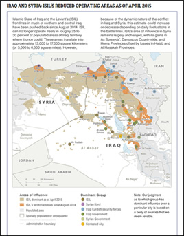 Map of the territories of ISIS’s control and influence in Iraq and Syria (US Department of Defense, April 15, 2015)