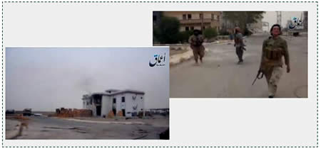 Left: Building on fire in Ramadi. Right: ISIS operatives in Ramadi (Aamaq, May 17, 2015)