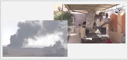 Left: Smoke rising from the area where Iraqi soldiers are staying, probably following a suicide bombing attack. Right: Machine gun fire at the scene of the fighting south of Fallujah (Aamaq, May 17, 2015)