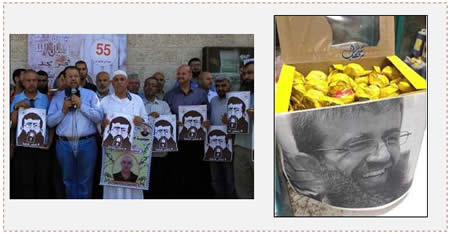 Left: Relatives of Palestinian terrorist operatives imprisoned in Israel use their weekly rally in front of Red Cross headquarters in Gaza to mark Khader Adnan's "victory" (Paltoday, June 29, 2015). Right: Candies and cookies distributed from a box with a picture of Khader Adnan (Facebook page of PALDF, June 29, 2015).