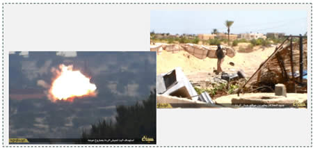 Left: Egyptian Army APC hit by an anti-tank missile fired by ISIS operatives in northern Sinai. Right: ISIS operative firing at a ruined Egyptian position in northern Sinai (http://nshr.co file sharing website, July 3, 2015)