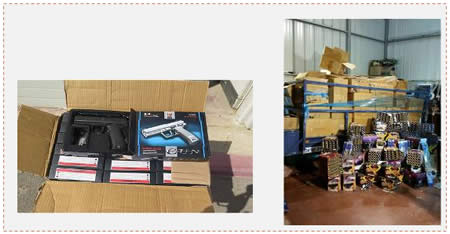 Left: BB guns. Right: Stocks of fireworks found in the store in Bartaa (Israel Police Force spokesman, July 26, 2015).