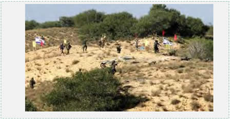 Membres des forces de sécurité nationale après la simulation de l'assaut d'une position de Tsahal. Le drapeau israélien symbolise la position israélienne (Page Facebook PALINFO, 23 décembre 2014) 