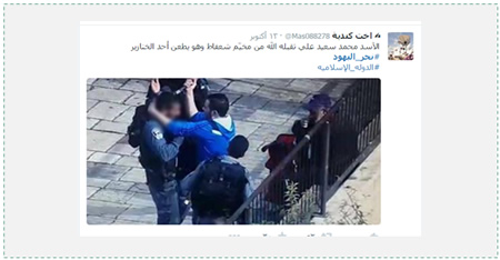 The Tweet's caption reads, "The lion Muhammad Sayyid Ali, may Allah receive him [in paradise], from the Shuafat refugee camp, stabs one of the pigs." The picture is of a Palestinian terrorist stabbing an Israeli policeman near the Nablus gate in the Old City of Jerusalem  (Twitter account of اخت كندية @Maso88278, October 13, 2015).