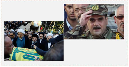 Left: Senior Hezbollah figures at Samir Kuntar's funeral in the southern suburb of Beirut (PALDF forum, December 21, 2015). Right: Samir Kuntar (Al-Mayadeen TV, Lebanon, December 21, 2015). 