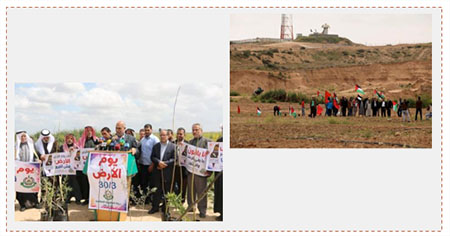 מימין: נטיעת שתילים סמוך לגדר הביטחון (דף הפייסבוק שהאב, 30 במרץ 2016). משמאל: יחיא מוסא בכיר חמאס נושא נאום לרגל יום האדמה סמוך לגדר הביטחון מזרחית לעבסאן (חמאס, 29 במרץ 2016)