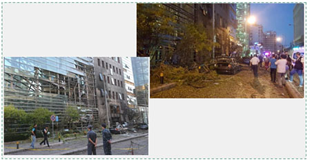 Left: The damaged façade of the bank building the day after the explosion (Al-Youm Al-Sabaa, June 13, 2016). The scene of the explosion in western Beirut (Twitter account of Adel Samia, June 12, 2016).