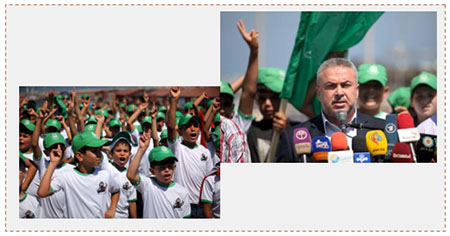 Left: Children wear Hamas shirts and green hats at the opening ceremony. Right: Ismail Radwan announces the opening of Hamas "Al-Quds intifada" summer camps (Hamas website, July 11, 2016).