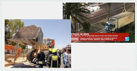 Making vehicular attacks more lethal. Left: Caterpillar front loader used in a vehicular attack in Jerusalem, July 2, 2008. Three people were killed and 70 wounded (Israeli Government Press Office, July 2, 2008). Right: Refrigerator truck used in the terrorist attack in Nice where 84 people were killed and 200 wounded (Twitter, July 14, 2016).