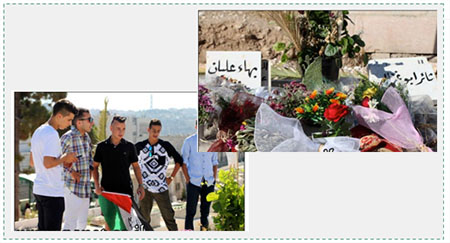 Left: Young Palestinians visit the graves of shaheeds in the Mujahideen Cemetery in east Jerusalem. Right: The graves of Bahaa' Alian and Ta'er Abu Ghazala, two terrorists who carried out attacks in the previous wave of Palestinian terrorism. Flowers were placed on the graves at the beginning of the Muslim holiday of Eid al-Adha (Panet, September 12, 2016).