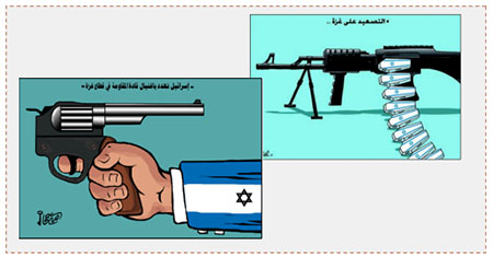 كاريكاتيران بريشة أمية جحا المحسوبة على حماس يعلقان على التهديدات الإسرائيلية لقطاع غزة  (فلسطين، 31 آذار / مارس 2017؛ الرسالة نت، 30 آذار / مارس 2017) 