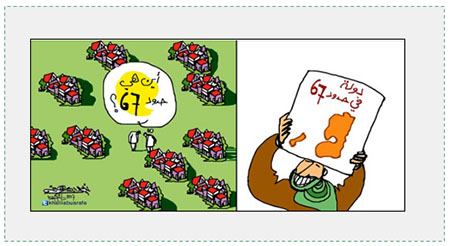  Cartoon mocking Hamas, published by the Palestinian cartoonist Khalil Abu Arfe, on Hamas’s acceptance of a Palestinian state within the 1967 borders, while those borders have been blurred due to the building in the settlements. Right: “A state within the 1967 borders”. Left: “Where are the 1967 borders?” (Facebook page of Khalil Abu Arfe, March 14, 2017)