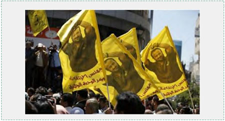 Demonstration in Judea and Samaria during the hunger strike of the Palestinian prisoners in Israeli jails, led by Marwan Barghouti. Demonstrators waved yellow Fatah flags and held pictures of Marwan Barghouti. The Arabic reads, "The engineer of the intifada and the symbol of national unity" (Arabs48, May 16, 2017)