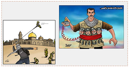 Left: Cartoon by Ismail al-Bazam from the Gaza Strip, calling for Palestinians to attack IDF soldiers: "Show your rage" (Facebook page of Ismail al-Bazam, July 22, 2017) Right: Cartoon by Hamas-affiliated Omaya Joha inciting Palestinians to carry out suicide bombing attacks for the sake of al-Aqsa mosque: "With our souls and blood we will redeem you, oh al-Aqsa..."  (Facebook page of al-Risalah, July 20, 2017). 